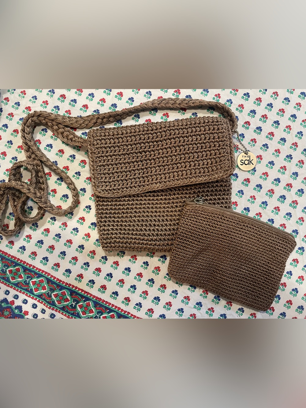 NWOT The Sak Brown Crochet Crossbody with Matching Zip Pouch